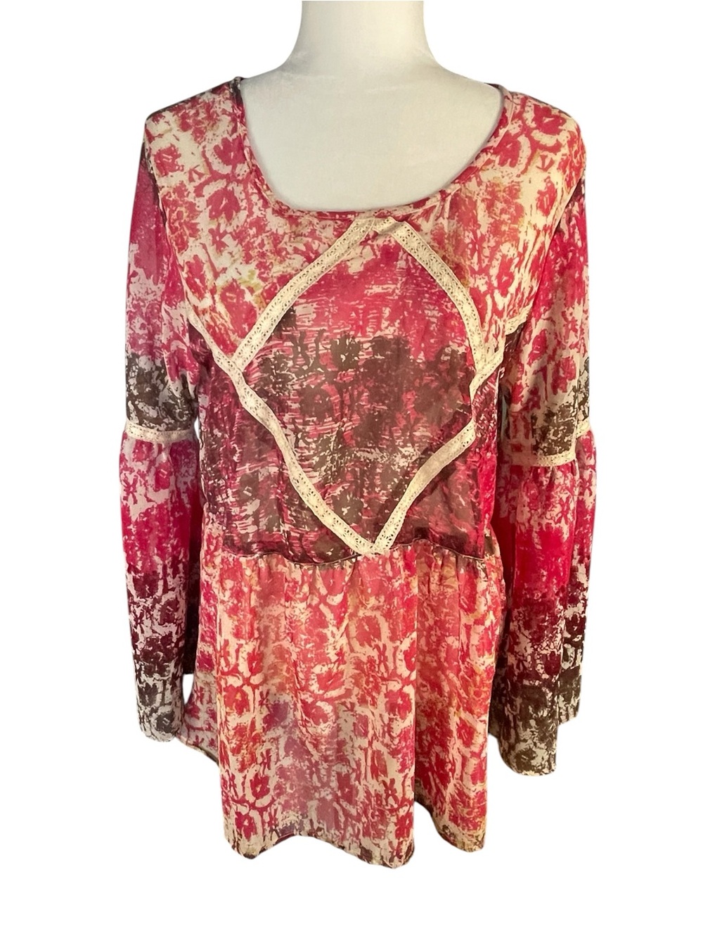 Angie Boho Lace Trim Multicolor Long Sleeve Top Sz L Pink Brown Abstract Design